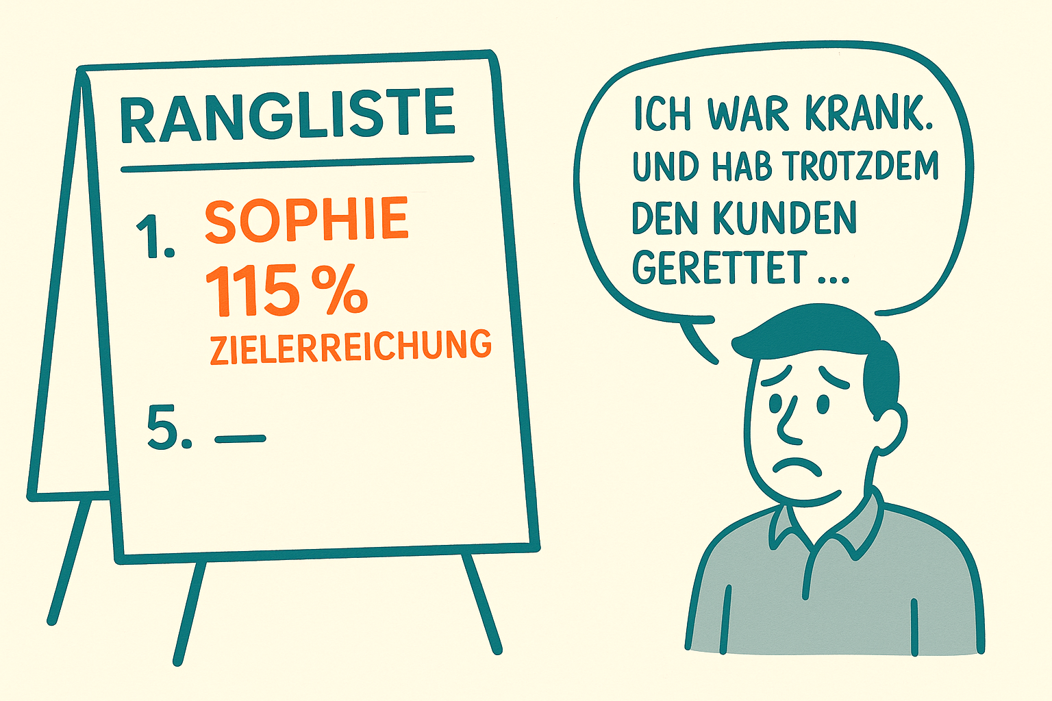 Leistungsvergleiche im Team Illustration im Graphic-Recording-Stil: Eine Flipchart zeigt eine Rangliste mit 'Sophie – 115 % Zielerreichung' auf Platz 1. Daneben steht ein trauriger Mitarbeiter mit der Sprechblase: 'Ich war krank. Und hab trotzdem den Kunden gerettet …' – Symbolbild für die negativen Folgen der Leistungsvergleiche im Team.