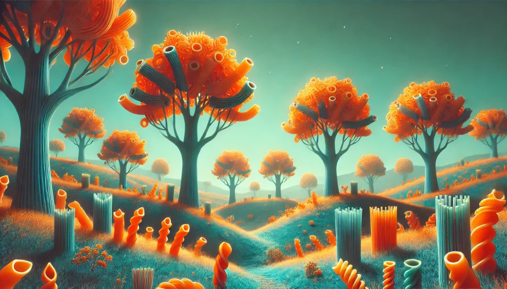 Mitarbeiter überzeugen wie die BBC - Bild mit Bäumen und Gräsern, an denen Pasta wächst.