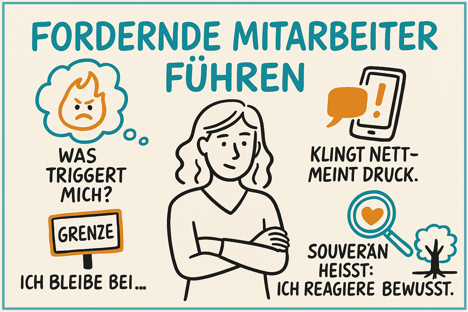 fordernde Mitarbeiter führen Handgezeichnete Infografik mit dem Titel „Fordernde Mitarbeiter führen“. Im Zentrum steht eine ruhig wirkende Frau mit verschränkten Armen. Um sie herum vier Key-Visuals: eine brennende Gedankenblase mit „Was triggert mich?“, ein Schild mit „Grenze – Ich bleibe bei unserer Vereinbarung“, ein Smartphone mit der Sprechblase „Klingt nett – meint Druck“, sowie eine Lupe mit Herz und der Text „Souverän heißt: Ich reagiere bewusst“. Farbgebung in Teal (#034d55) und Orange (#ff5f02) auf beigefarbenem Hintergrund, im Sketchnote-Stil.