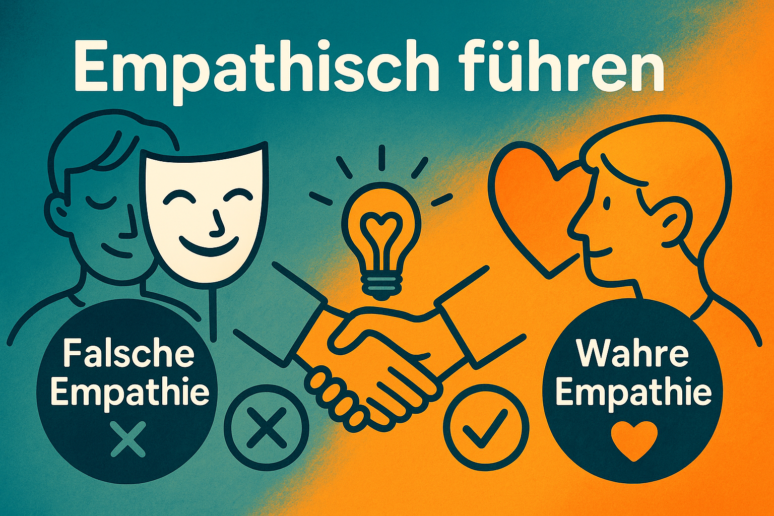 Empathisch führen Illustration mit dem Titel „Empathisch führen“ im Graphic-Recording-Stil: Links ein Symbol für falsche Empathie (Maske, trauriges Gesicht), rechts ein Symbol für wahre Empathie (Herz, aufmerksames Profil), in der Mitte ein Handschlag mit Glühbirne als Symbol für Klarheit und Verbindung; Hintergrund in orange-türkis Farbverlauf.